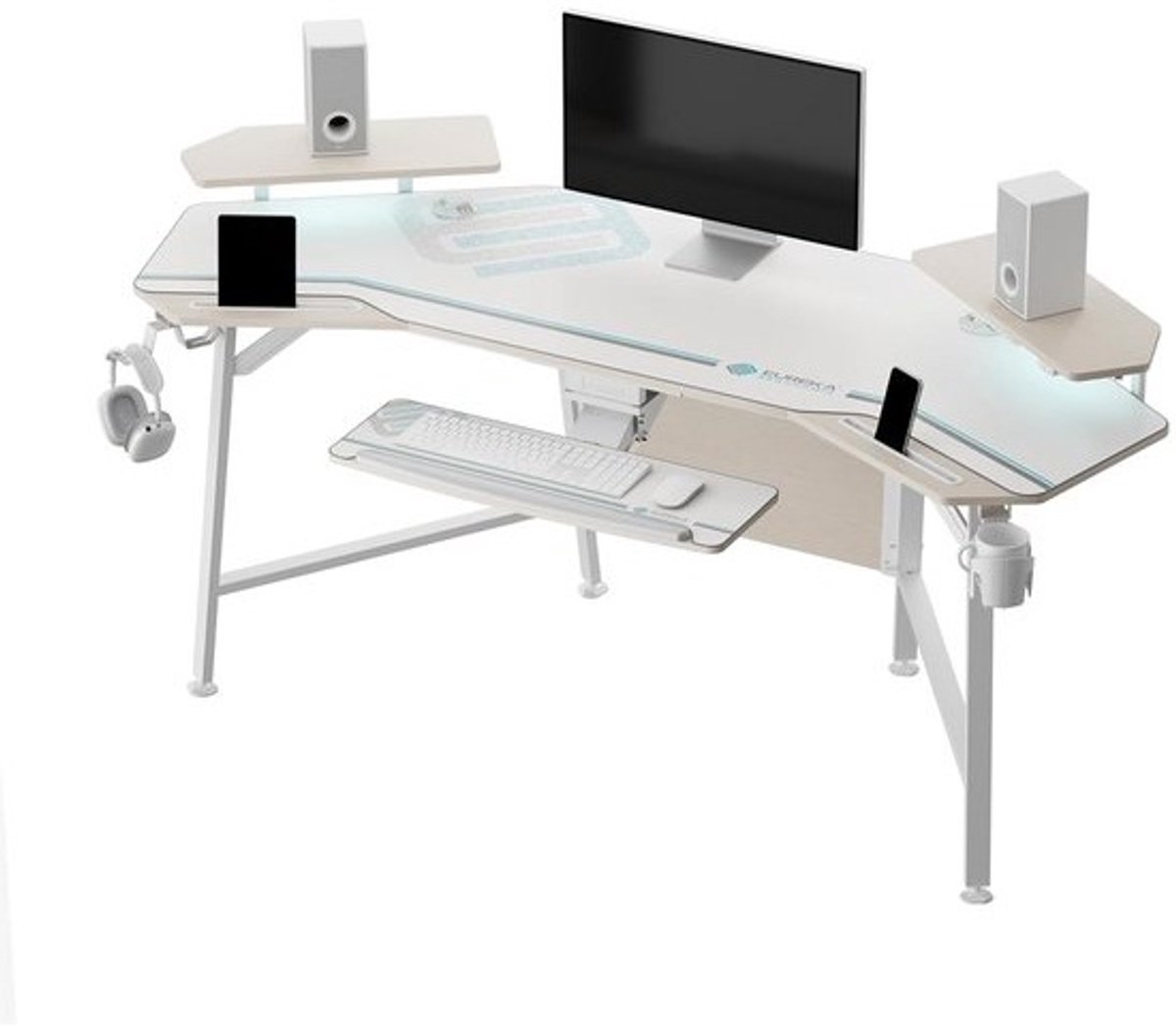 Grote Gamingtafel met LED, Vleugelvormig Bureau met Monitorsteunen en Uitschuifbaar Toetsenbordblad