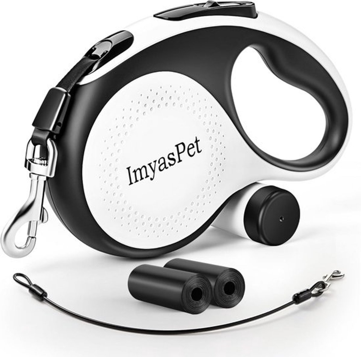 Intrekbare Hondenriem 26 Meter met Kauwbestendige Kabel en Poepzakdispenser - Robuust Ontwerp voor Middelgrote en Grote Honden tot 110 lbs - Ergonomische Handgreep en One-Touch Vergrendeling - Wit - Groot