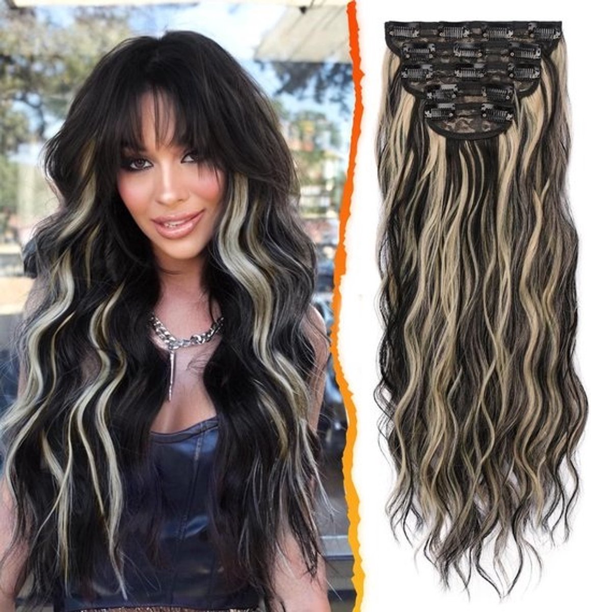 5-Delige Clip-in Haarextensies 50cm Golvend Highlight Volume Synthetisch Haarstuk