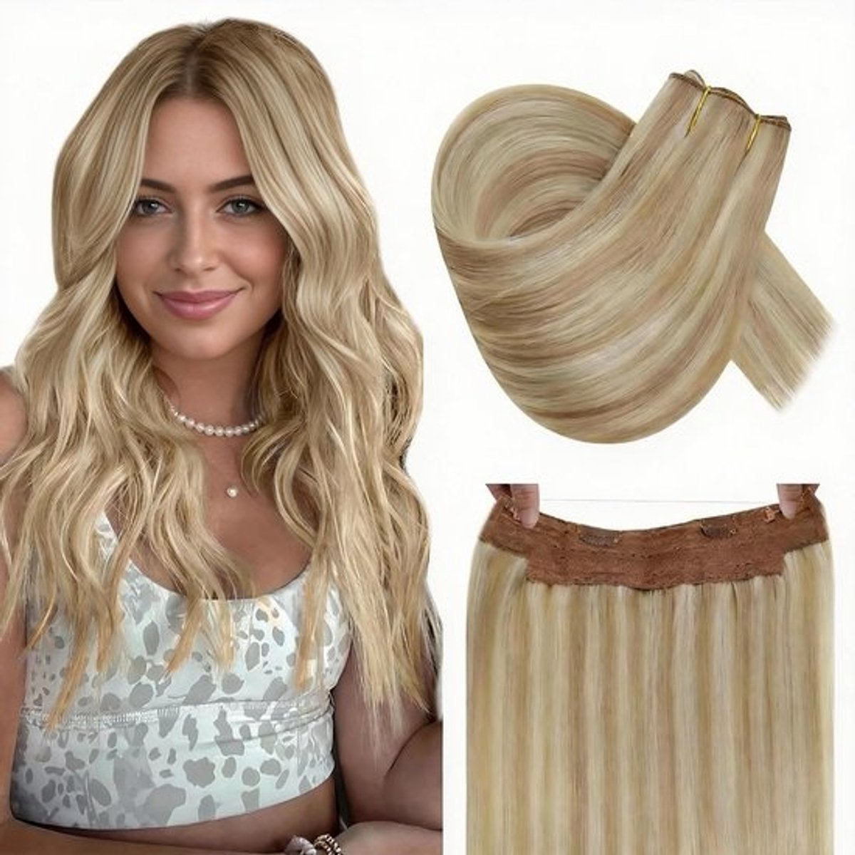Onzichtbare Draad Haarverlengingen Asblond Highlights Remy Menselijk Haar 40cm