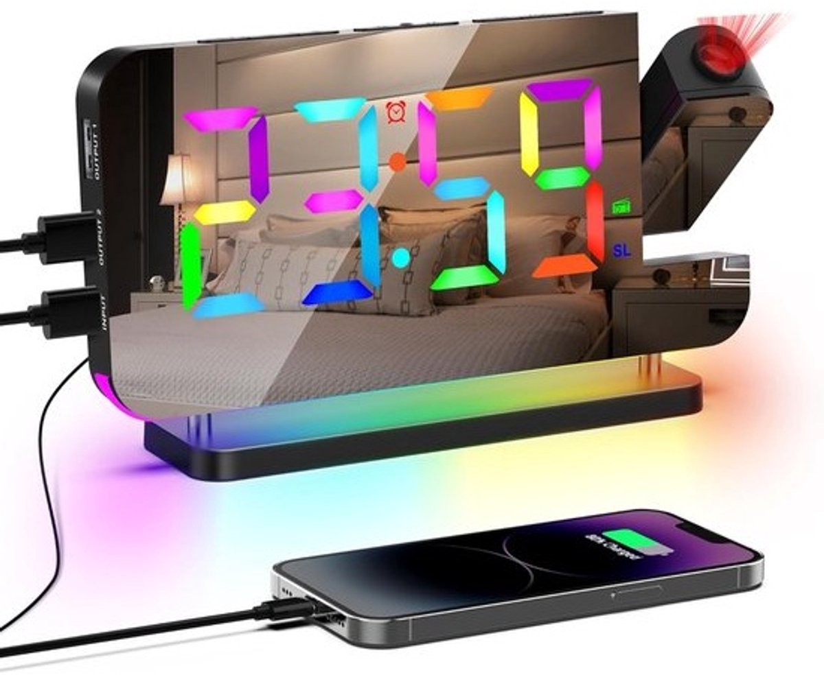 Digitale Projectie Wekker met FM Radio, RGB Achtergrondverlichting, 6 Helderheidniveaus, USB Oplader en Snooze Functie - 180° Draaibare Projectie