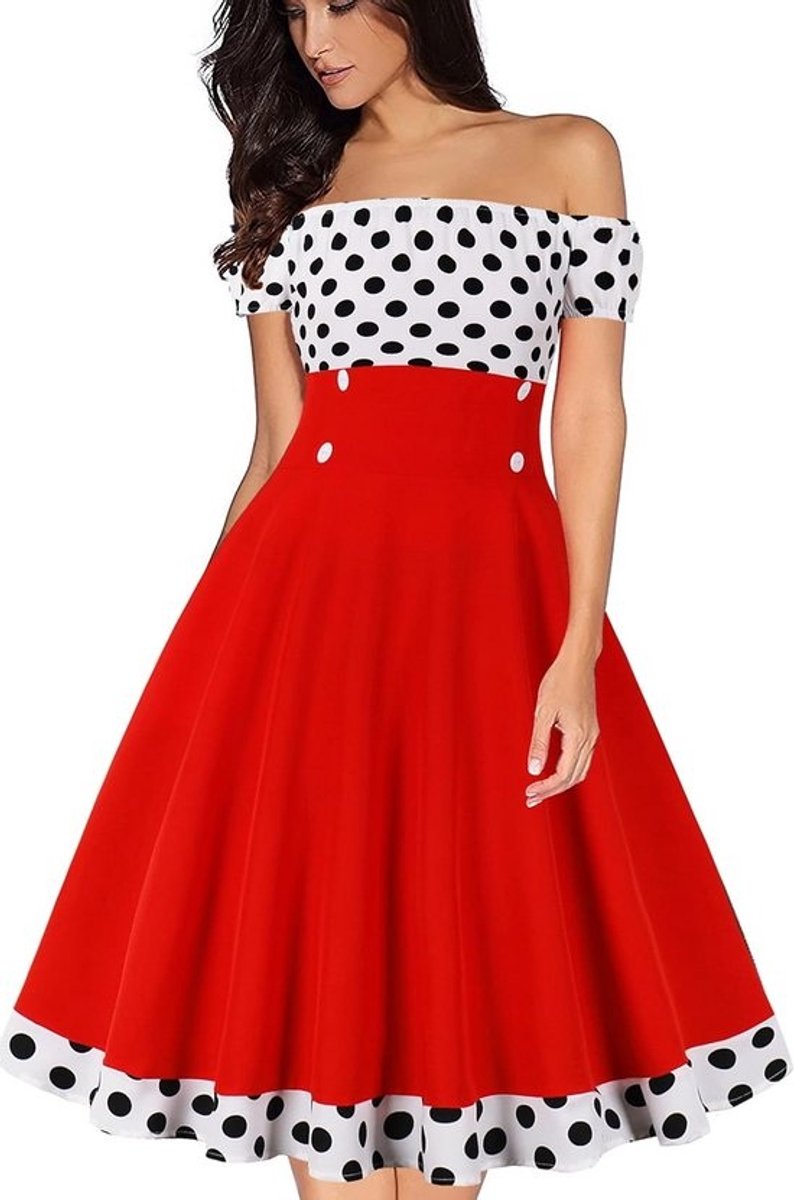 Dames Vintage Jurk Jaren 50 Stijl Off Shoulder A-Lijn Zomerfeest Jurk