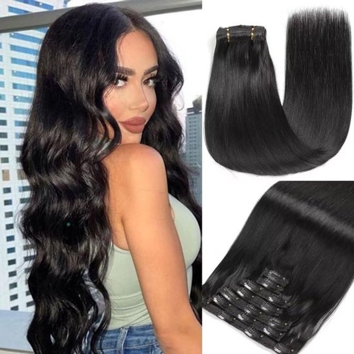 Clip-in Haarverlenging Echt Menselijk Haar 7 Delen 60 cm Zwart Onzichtbaar