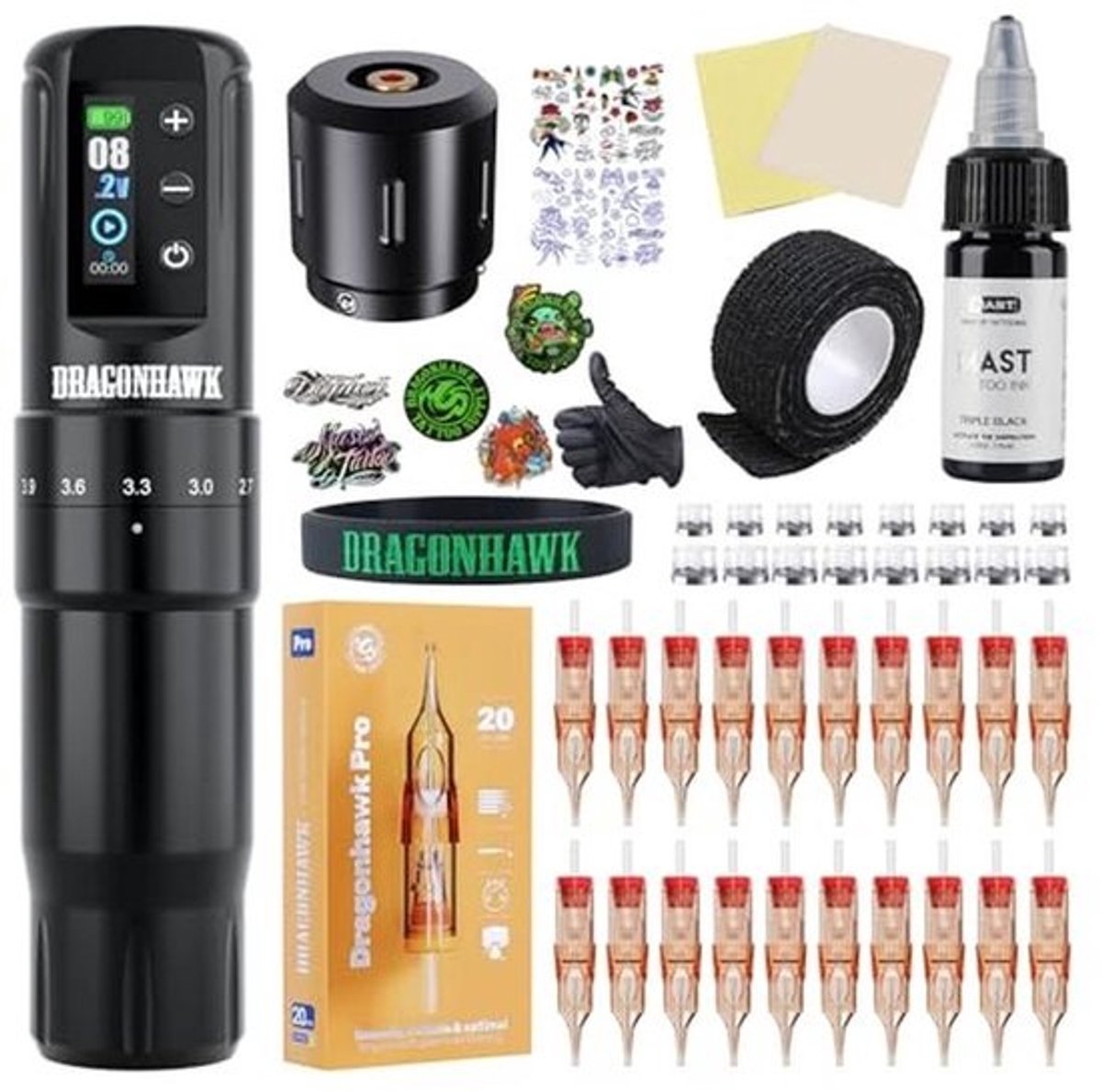 Dragonhawk Mast Pen Rotary Tattoo Machine Stroomvoorziening Mastnaalden Voetpedaal Geschenkdoos DML-7