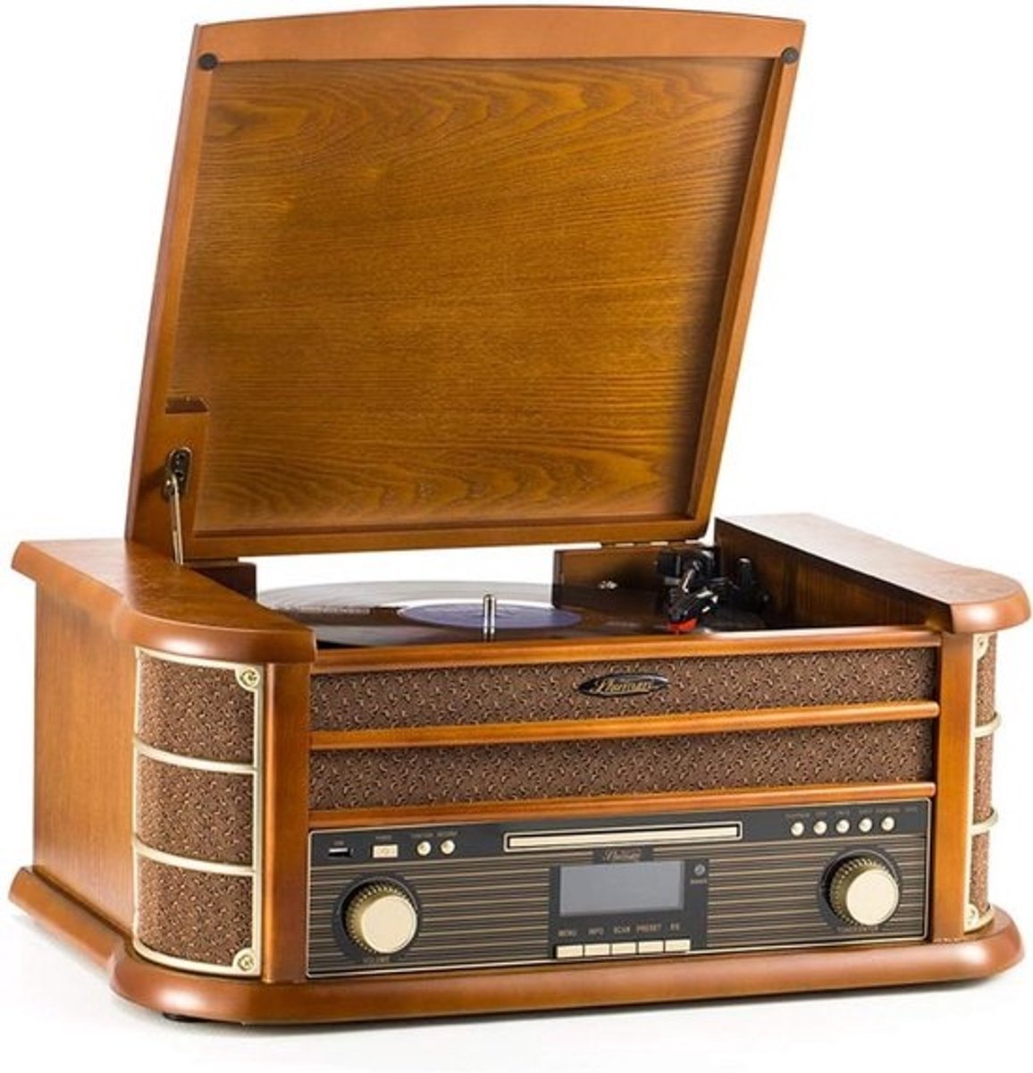Vintage 8-in-1 Draadloos Muziekcentrum met Platenspeler, Radio, en CD-speler