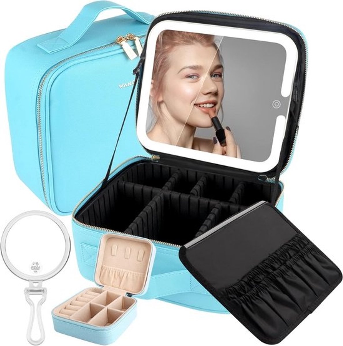Make-uptas met spiegel en dimbaar LED-licht - Compact en ruim - Cross-grain PU-leer