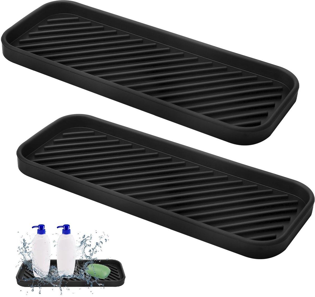 2 Stuks Siliconen Afdruipmat - Antislip - Sneldrogend - Smal - Spoelbak Organizer voor Sponzen, Borstels & Zeep - Zwart - 23 x 9 cm