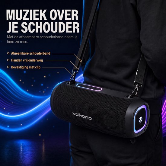 Volkano Vista Bluetooth Speaker - Draadloze speaker - Partybox - RGB-verlichting - TWS - Incl. schouderband — afbeelding 5