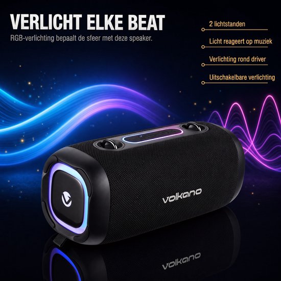 Volkano Vista Bluetooth Speaker - Draadloze speaker - Partybox - RGB-verlichting - TWS - Incl. schouderband — afbeelding 3