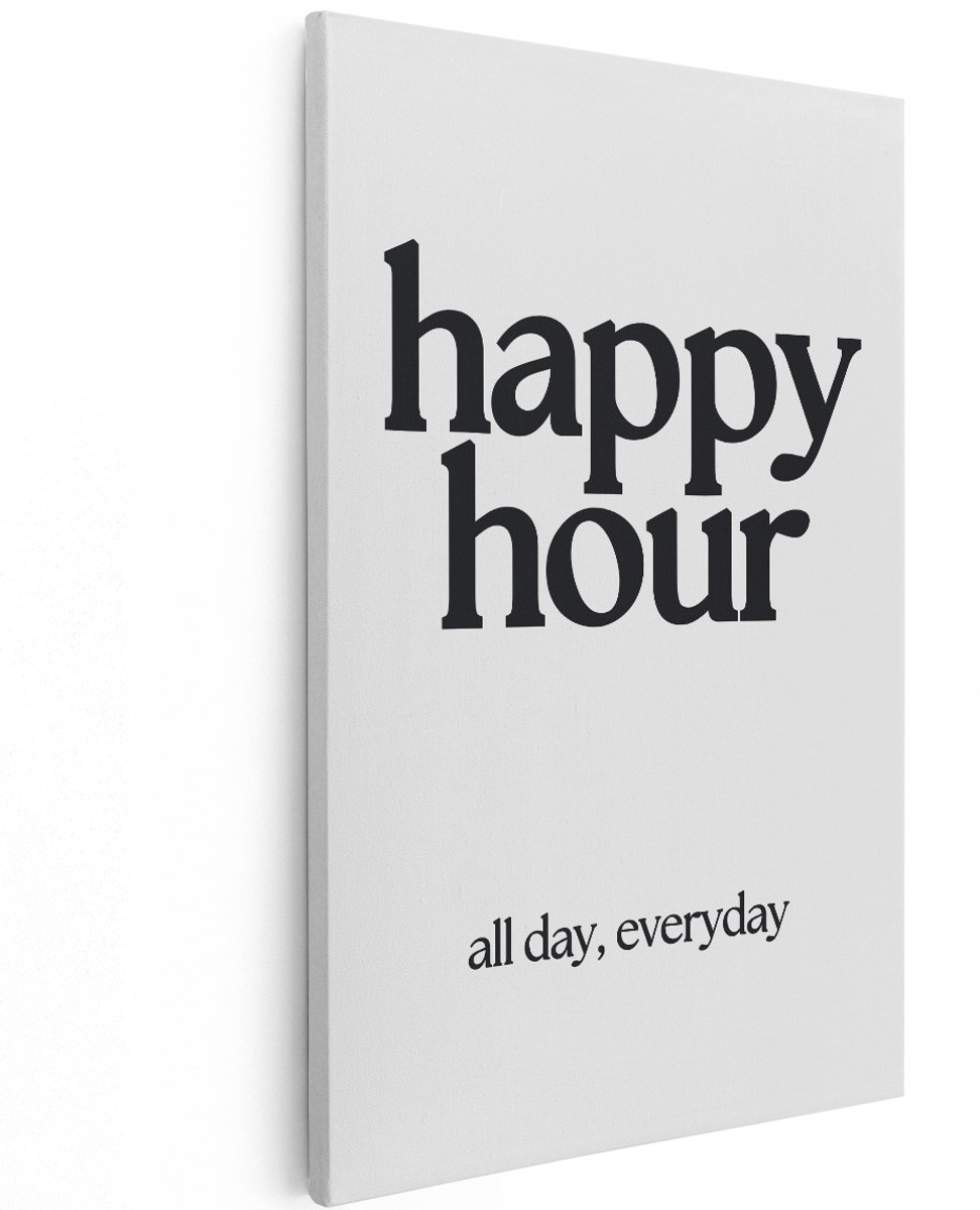 Artaza Canvas Schilderij Happy Hour - 120x180 cm - Groot - Wanddecoratie Tekst Zwart Wit - Muurdecoratie Quote - Decoratie Woonkamer - Schilderijen Op Canvas