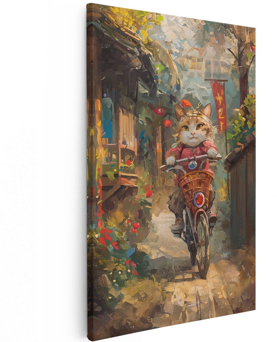 Artaza Canvas Schilderij Kat Op Fiets - 120x180 cm - Groot - Wanddecoratie Kinderkamer - Muurdecoratie Dieren - Decoratie Schilderachtige Straat