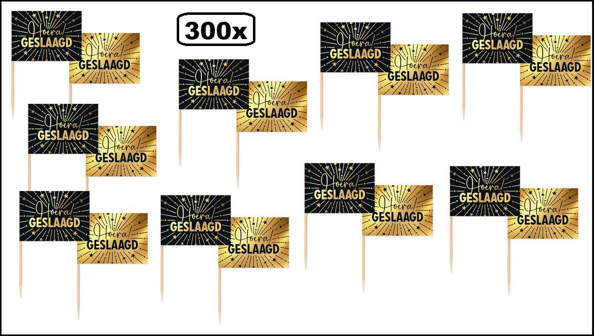 300 stuks Luxe Cocktailprikkers Hoera geslaagd goud/zwart - Vlag prikker geslaagd diploma thema feest cocktail prikker