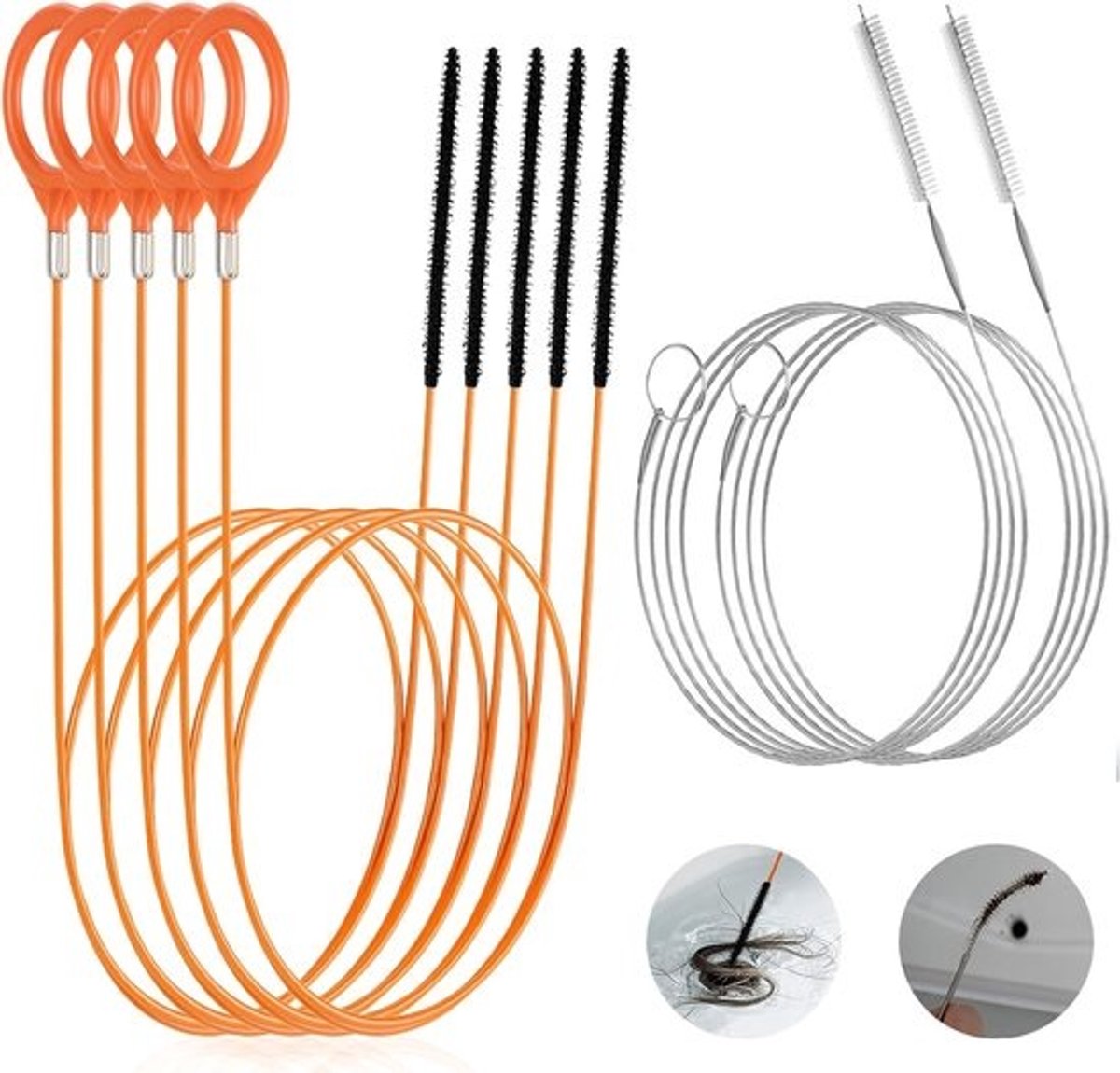 Afvoer Haarverwijderaars - Leidingreiniger Set - Verstoppingen Verhelpen - Breukbestendig Staal - 7-delig 76cm - Oranje