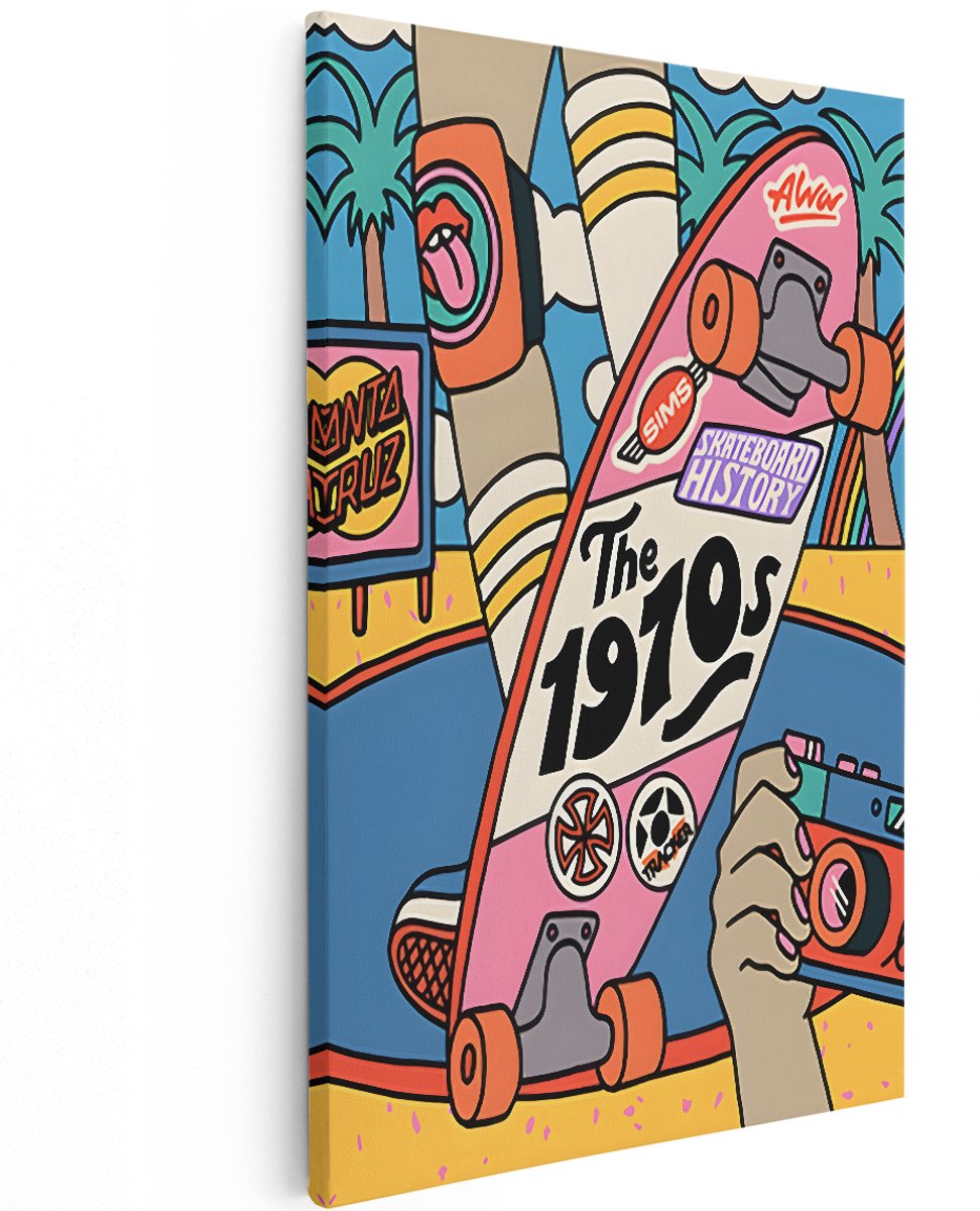 Artaza Canvas Schilderij Skateboard - 120x180 cm - Groot - Wanddecoratie Retro Jaren 70 - Muurdecoratie Pop Art - Decoratie Vintage Strand