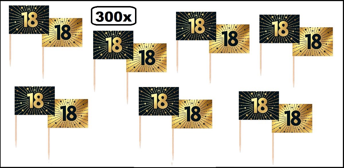 300 stuks Luxe Cocktailprikkers 18 jaar goud/zwart - Vlag prikker Jubileum verjaardag thema feest bruiloft cocktail prikker
