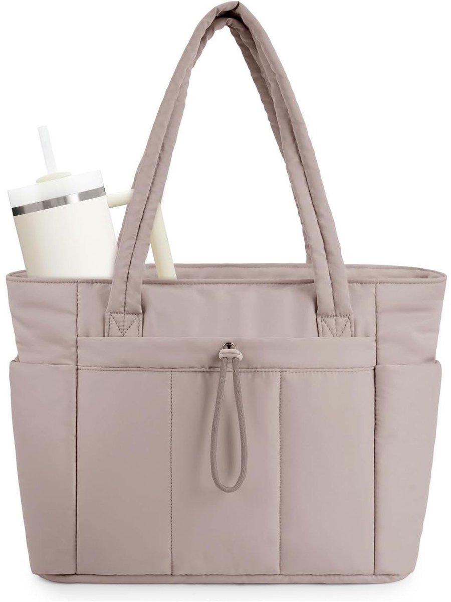 Stijlvolle Puffer Tote Bag voor Dames in Zwart Nylon, Grote Schoudertas met Speciaal 15.6 Inch Laptopvak en Meerdere Vakken, Geschikt voor Werk, Studie, Reizen en Dagelijks Gebruik, Ruim en Comfortabel - Kamelkleur