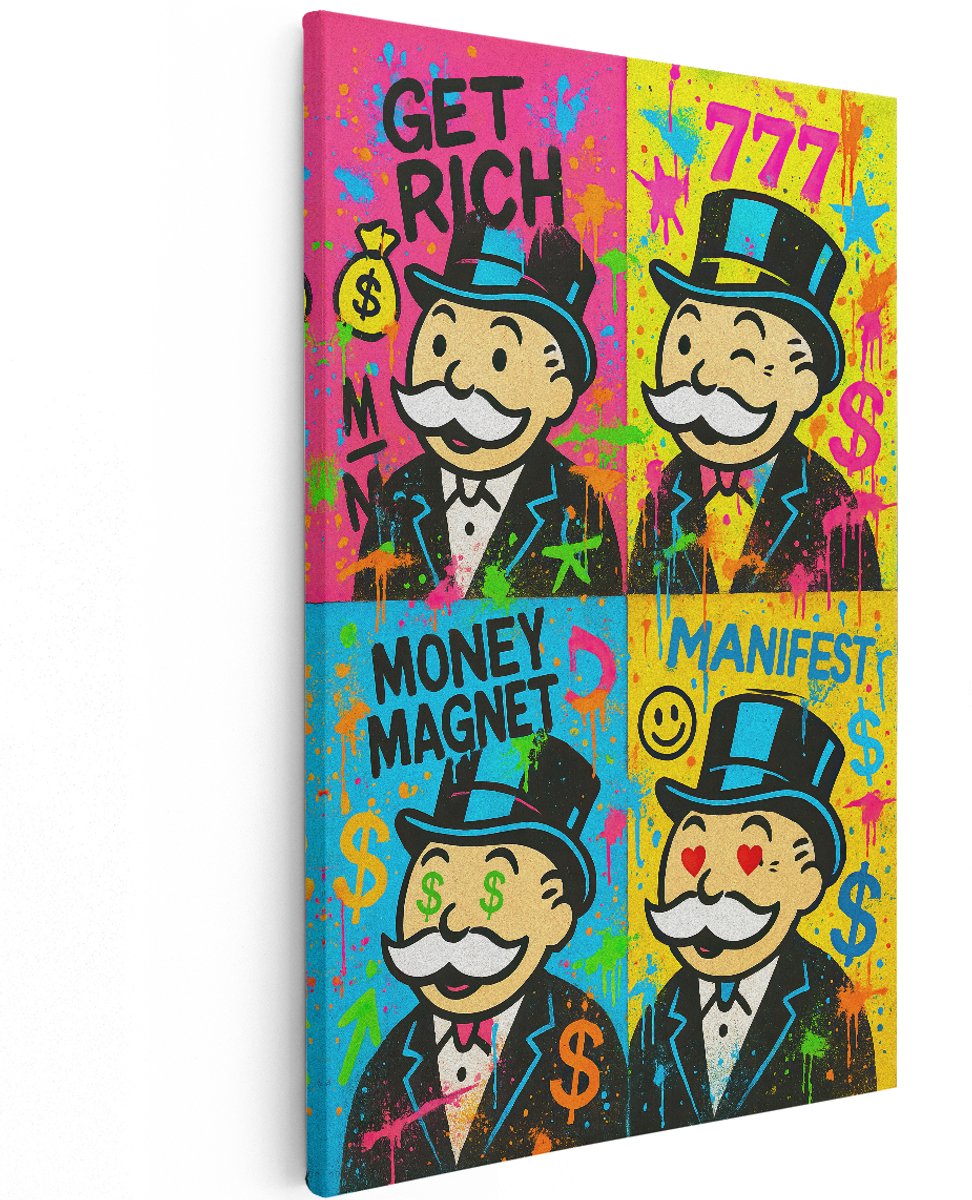 Artaza Canvas Schilderij Monopoly Man - 120x180 cm - Groot - Pop Art Wanddecoratie Geld - Muurdecoratie Dollar - Decoratie Graffiti Get Rich
