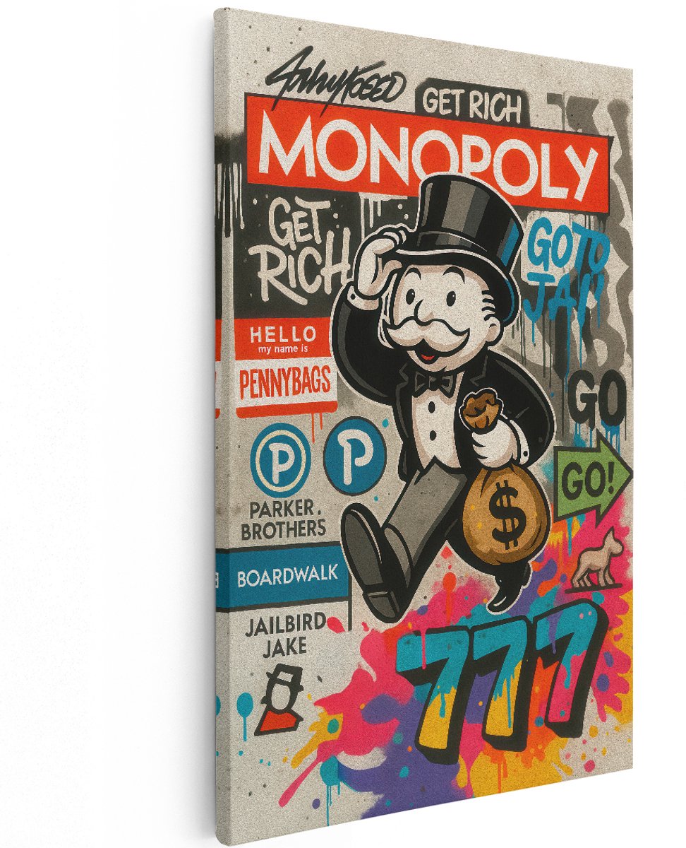 Artaza Canvas Schilderij Monopoly Man - 120x180 cm - Groot - Wanddecoratie Graffiti - Muurdecoratie Pop Art - Decoratie Geldzak