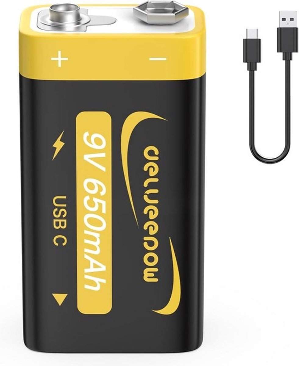 Oplaadbare 9V Blokbatterij met USB-C Opladen, Hoge Capaciteit en Lange Levensduur