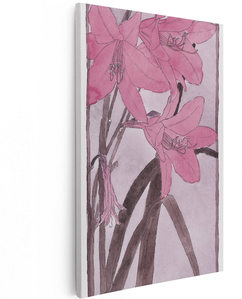 Artaza Canvas Schilderij Bloemen Schilderij - 120x180 cm - Groot - Wanddecoratie Roze Lelies - Muurdecoratie Aquarel - Decoratie Woonkamer - Roze
