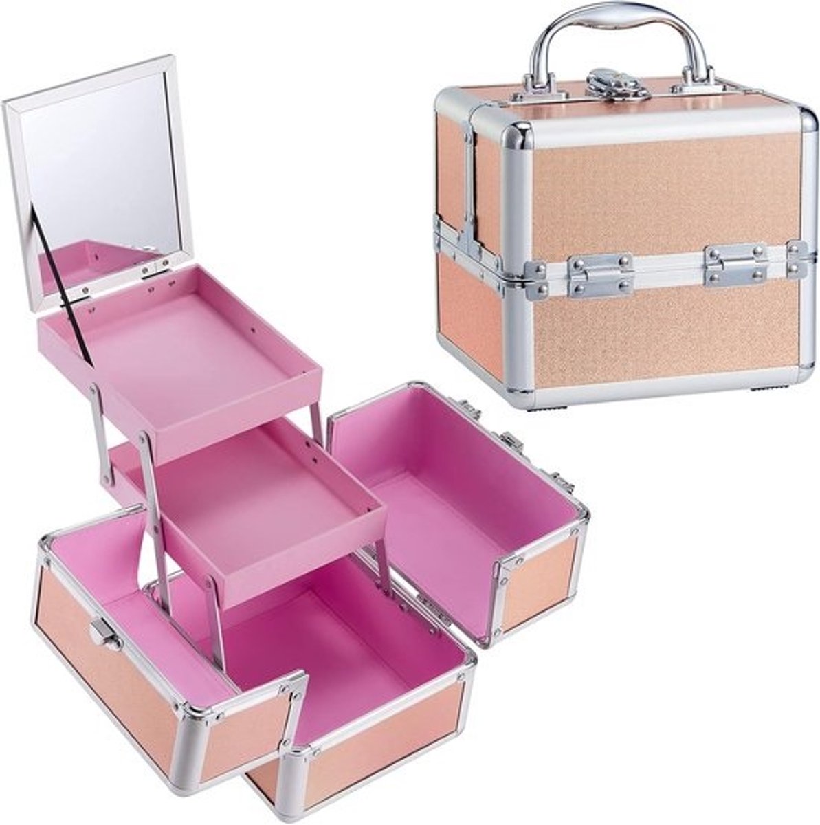 Make-up Koffer en Sieraden Opbergdoos met Spiegel - 19,5 x 15 x 16 cm - Paars-Roze