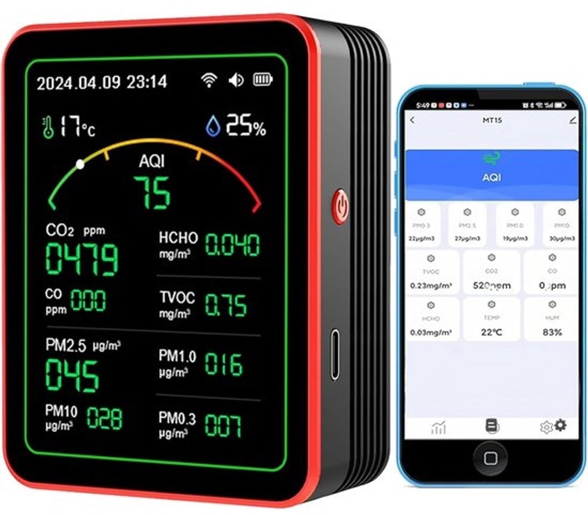 WiFi 15-in-1 Air Quality Monitor Smartphone APP - Dual Chip - Sensors Detect CO2, PM2.5/PM10, HCHO, TVOC | Real Time AQI Alerts and Custom Thresholds | for Home, Car, Office