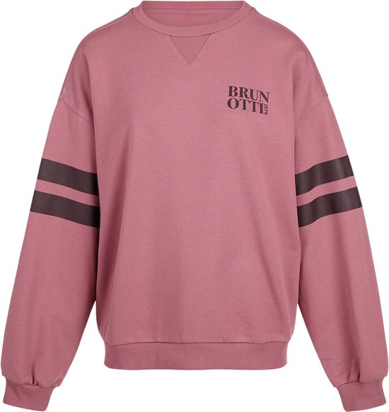 Roze sweater met donkergrijze strepen op de mouwen en 'BRUN OTTE' opdruk.