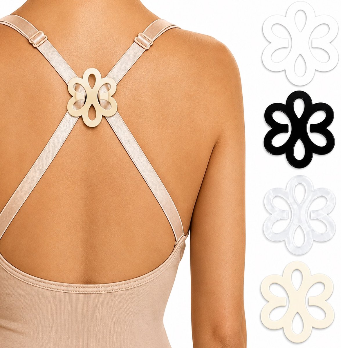 BH-Bandjes Clips Bloemvorm – 4 Stuks – BH Strap Clips – Bandjeshouder voor Gekruiste Rug – Antislip BH Accessoires – Transparant, Wit, Beige & Zwart