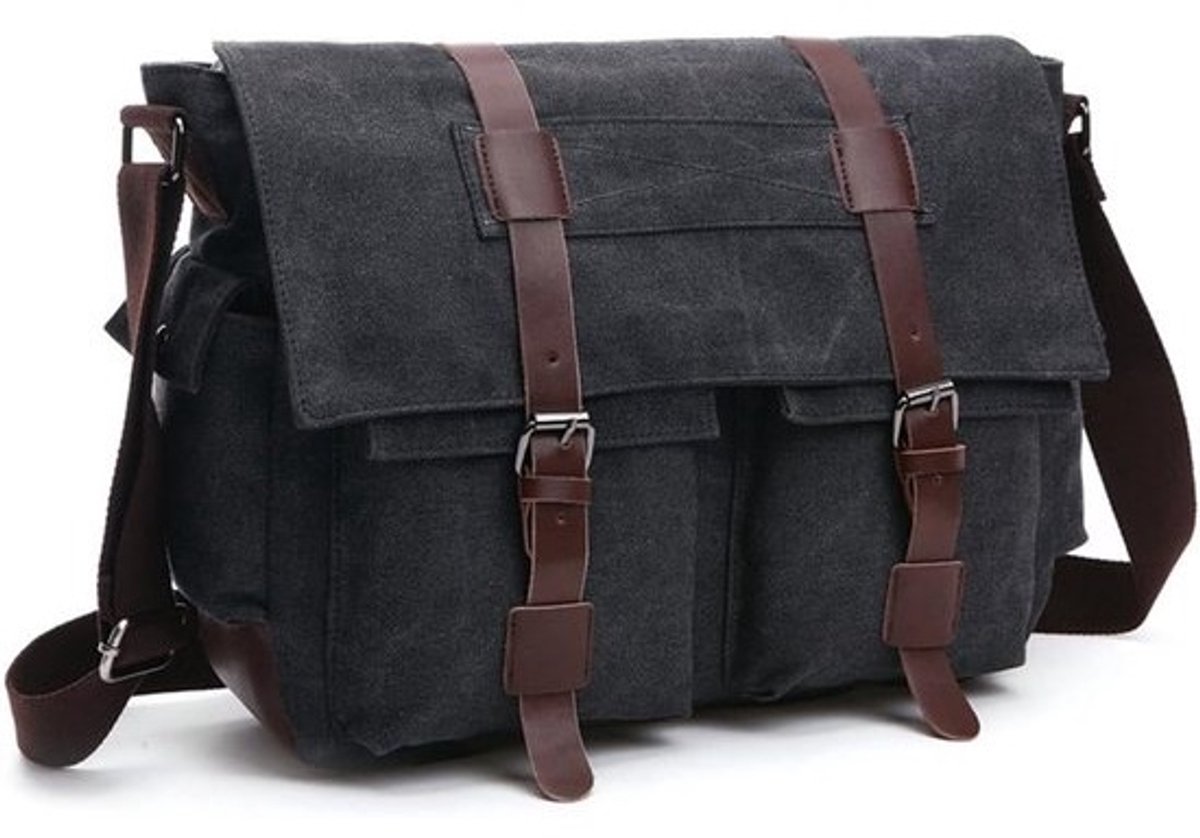 Schoudertas voor Heren - Vintage Militaire Canvas Laptoptas - 16 Inch - Ideaal voor Werk en School