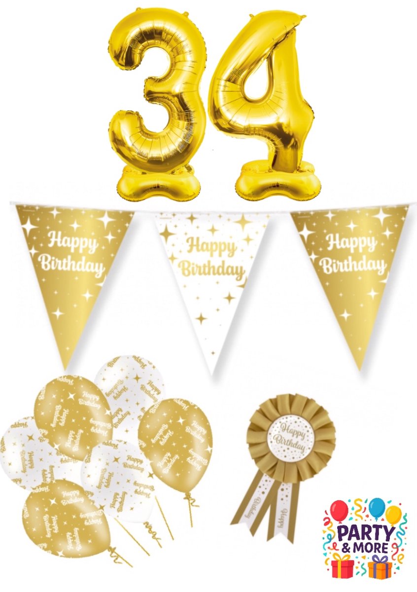 Party & More - 34 jaar - verjaardag versiering - ballonnen - slinger - cijferballon - Luxe Gouden Feestdecoratie Set – Compleet Pakket – versiering - verjaardag