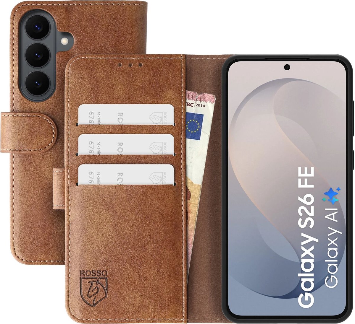 Rosso Element Geschikt voor Samsung Galaxy S26 FE | Wallet Book Case | Portemonnee Hoesje | 3 Pasjes | Magneetsluiting | Stand Functie | Bruin