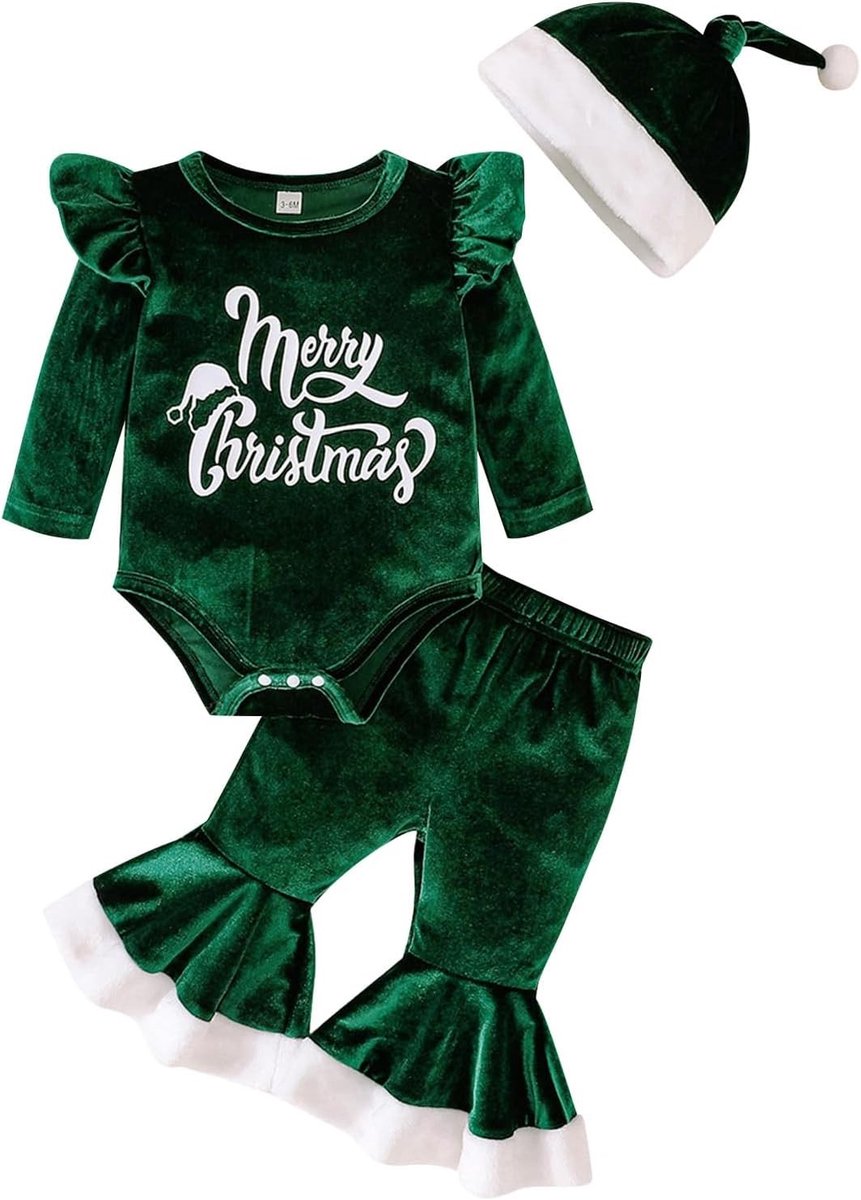 3-delige Kerstset voor Meisjes, Mijn Eerste Kerstkleding, Baby Velours Trui + Belbroek + Kerstmuts voor Feestdagen