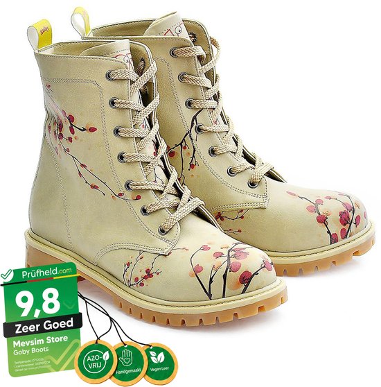 Bottines à lacets Goby jaune clair avec imprimé fleur de cerisier rose, lacets et semelles épaisses. "Très Bon" "Fait Main" "Cuir Vegan".