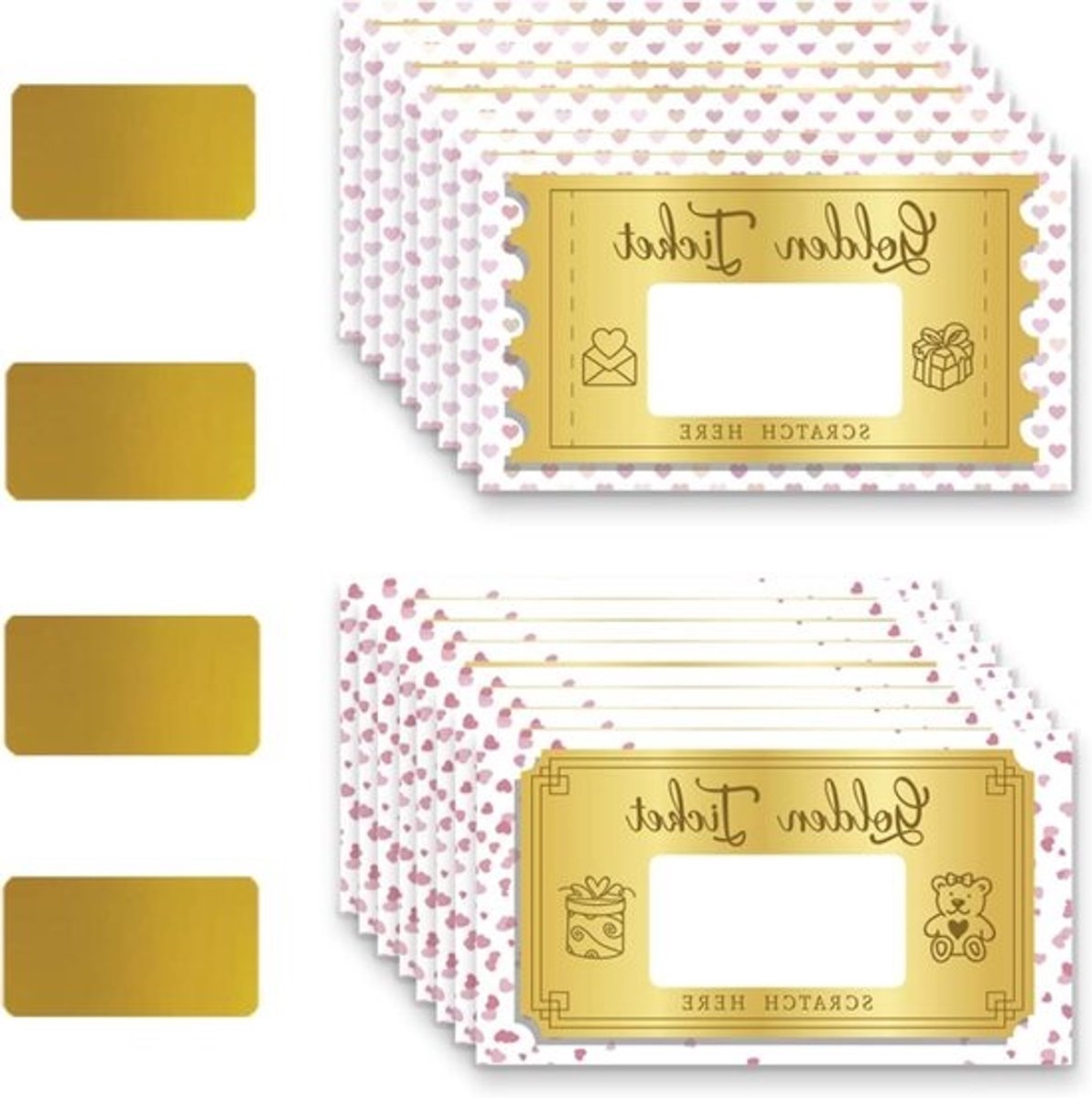 Kraskaarten Valentijn - Doe-het-zelf loten - Verrassing onthullen - Roze hart gouden ticket - 60 stuks per stijl - Meerkleurig