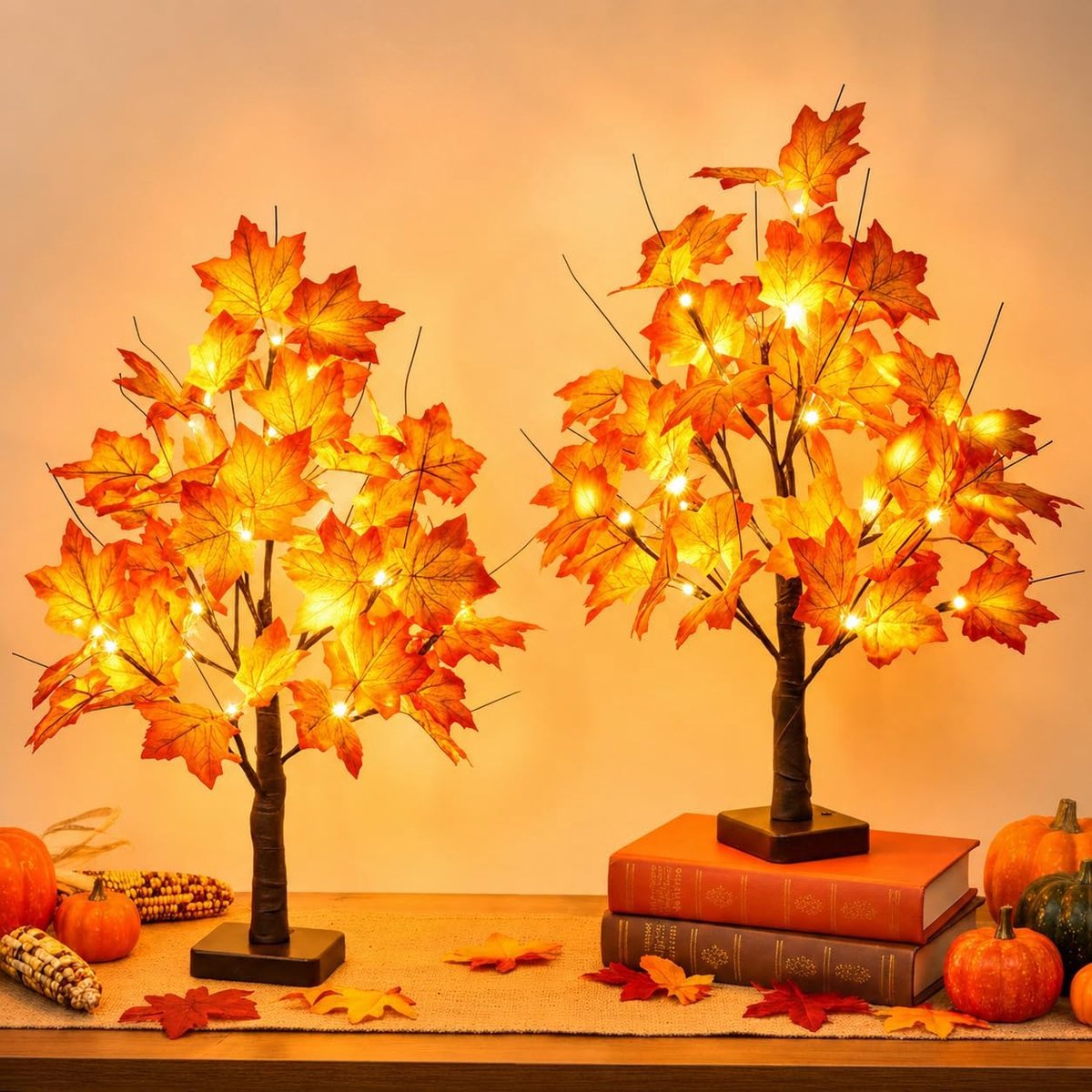 Set Van 2 Herfstdecoratie voor Thuis - Herfstverlichting - Esdoorns met Verlichte - Met Led-Lampjes - Voeding Via Usb of Batterijen - Herfstversiering - Herfstdecoratie - Herfst- en Thanksgiving