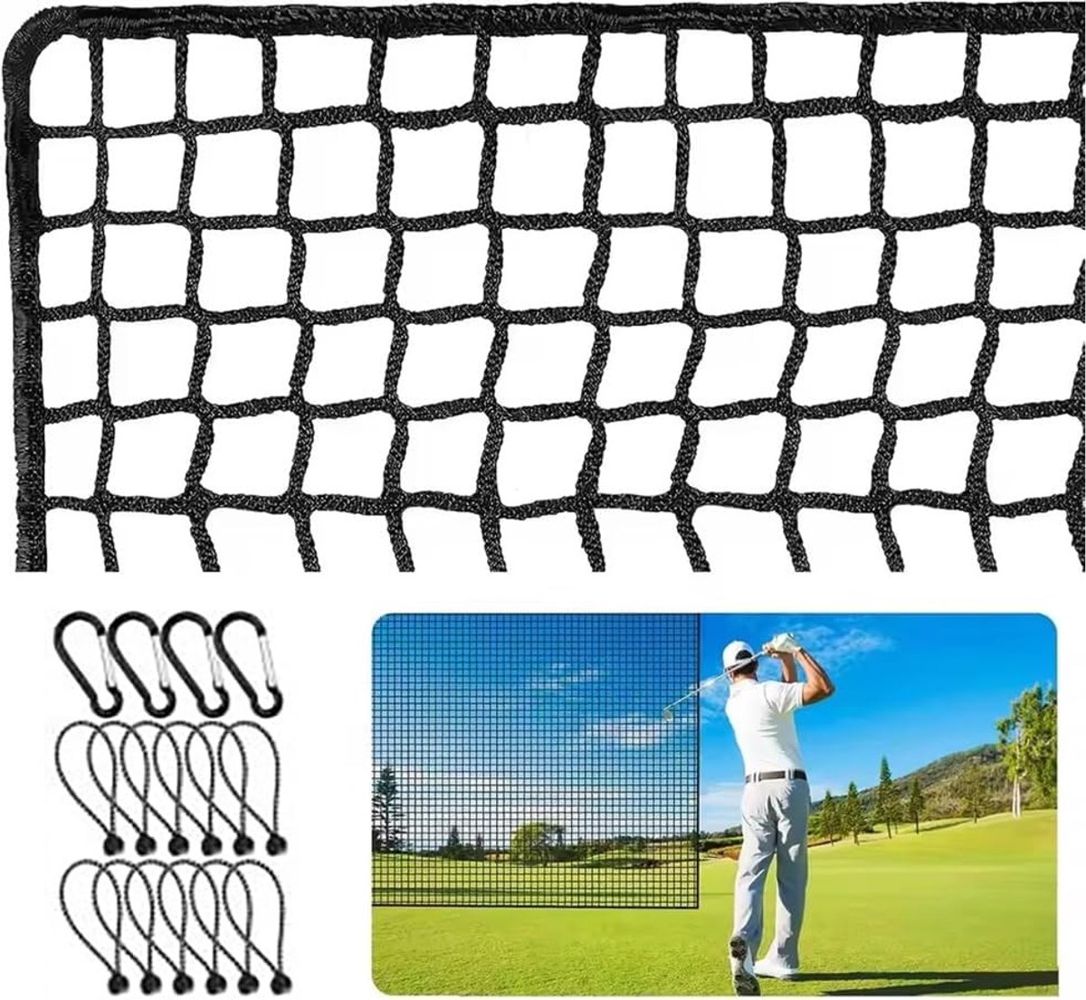 Draagbaar golfnet van zwart polyester voor training van golf, honkbal en hockey, geschikt voor binnen en buiten gebruik.