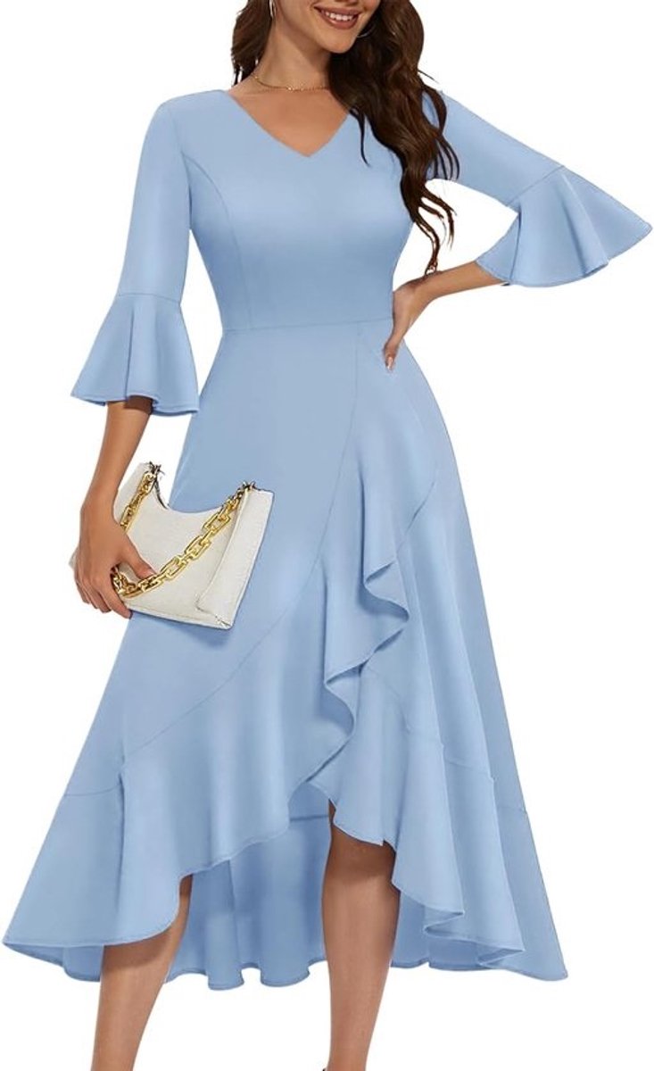 Formele Jurk - Avondjurk Cocktailjurk - Feestelijke Gelegenheden - Elegante Pofmouwen - Lange Pasvorm