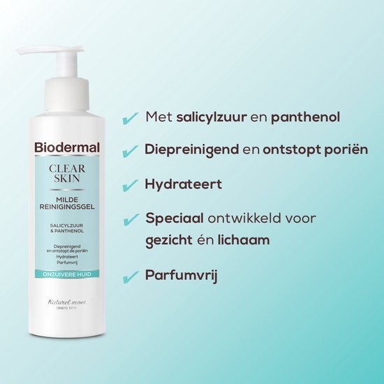 Biodermal Clear Skin Milde Reinigingsgel met salicylzuur en panthenol, hydrateert en verstopt poriën niet. Parfumvrij.