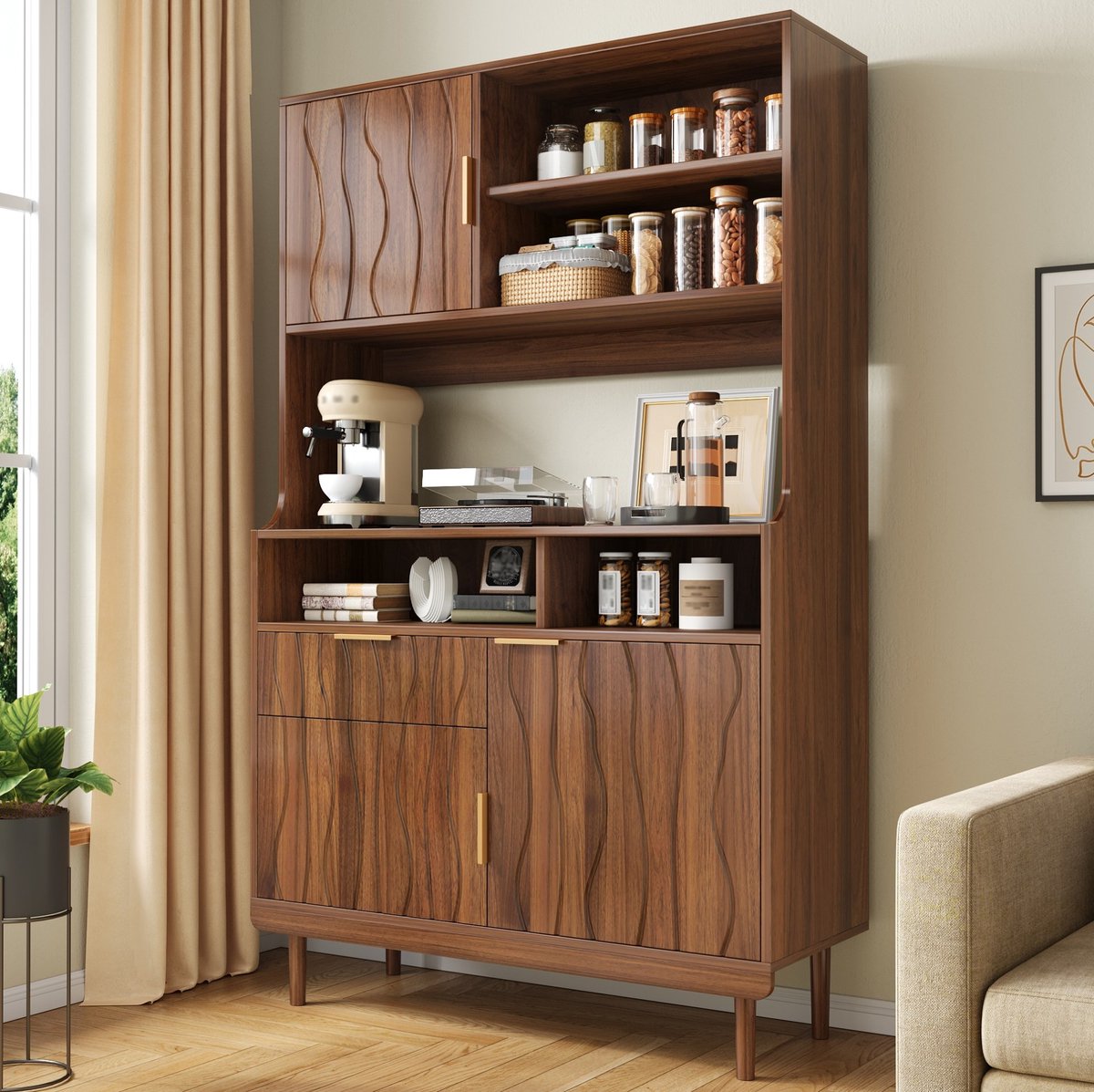 DESMIU Buffetkast - Hoog Model Met Open Vak, Lade En Deuren - Voor Keuken, Eetkamer En Woonkamer - MDF En Spaanplaat - 100x32x170 Cm - Walnoot Walnut