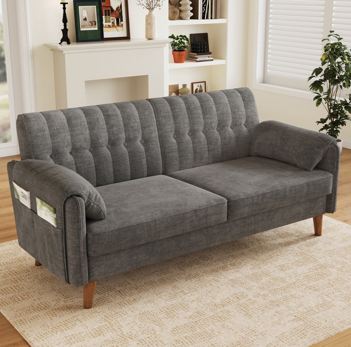 MODENUIT Zitbank 161,5 x 79 x 83,5 cm - Chenille met zijvakken - Getufte rugleuning - 2-zits - Lichtgrijs