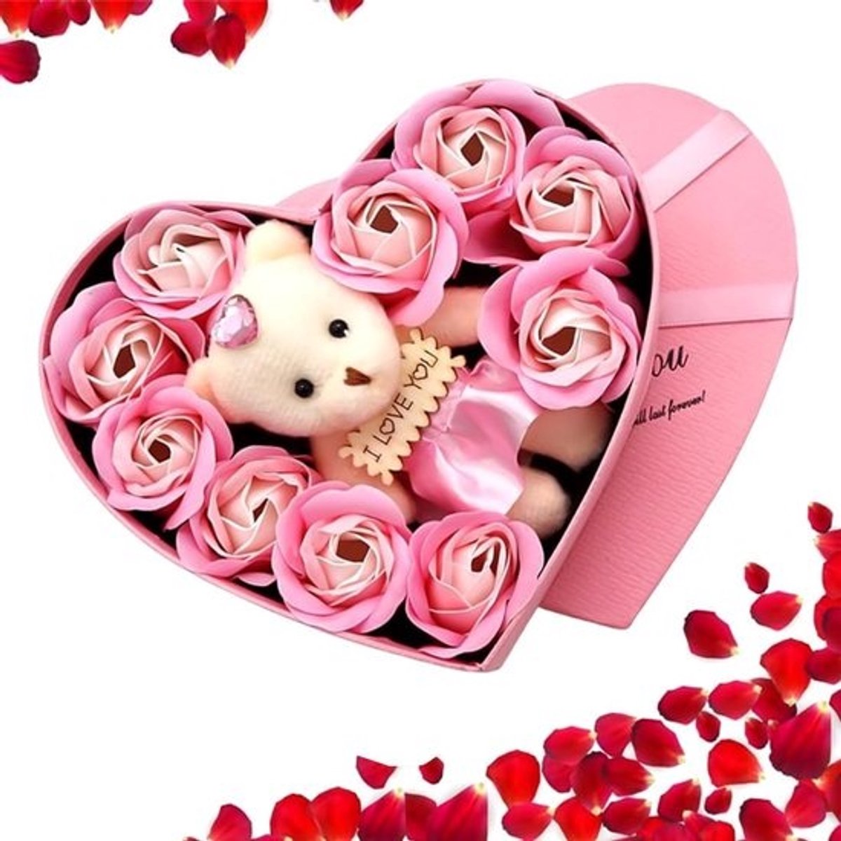 Rozen Cadeau Set - Zeep Rozen Doos - Romantisch Cadeau - Hartvormige Doos - 17x15.5x4 cm - Roze