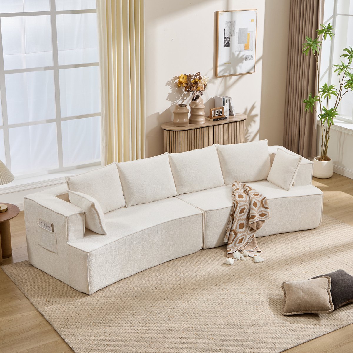 MODENUIT Zitbank 302 cm - Modulaire Gebogen Bank Met Diepe Zitting En Slaapfunctie - Woonkamer - Stof - Wit