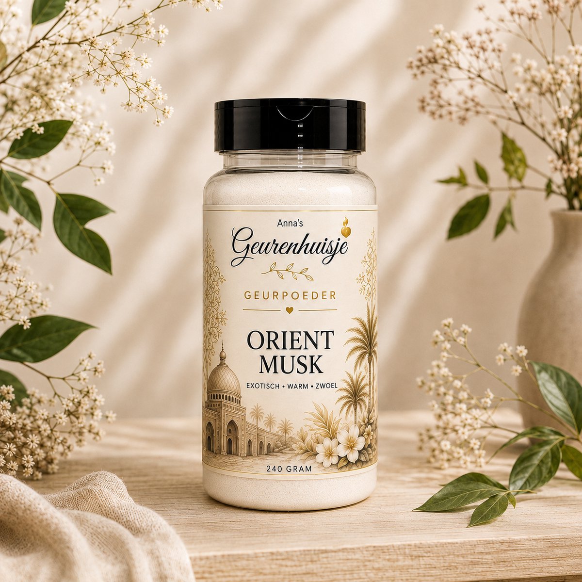 Geurpoeder Orient Musk - Premium - Handmade - Voor Tapijt, Bank, Auto, Camper, Caravan & Stofzuiger - 240 gram - dierproefvrij - verfrissend - langdurige geurafgifte