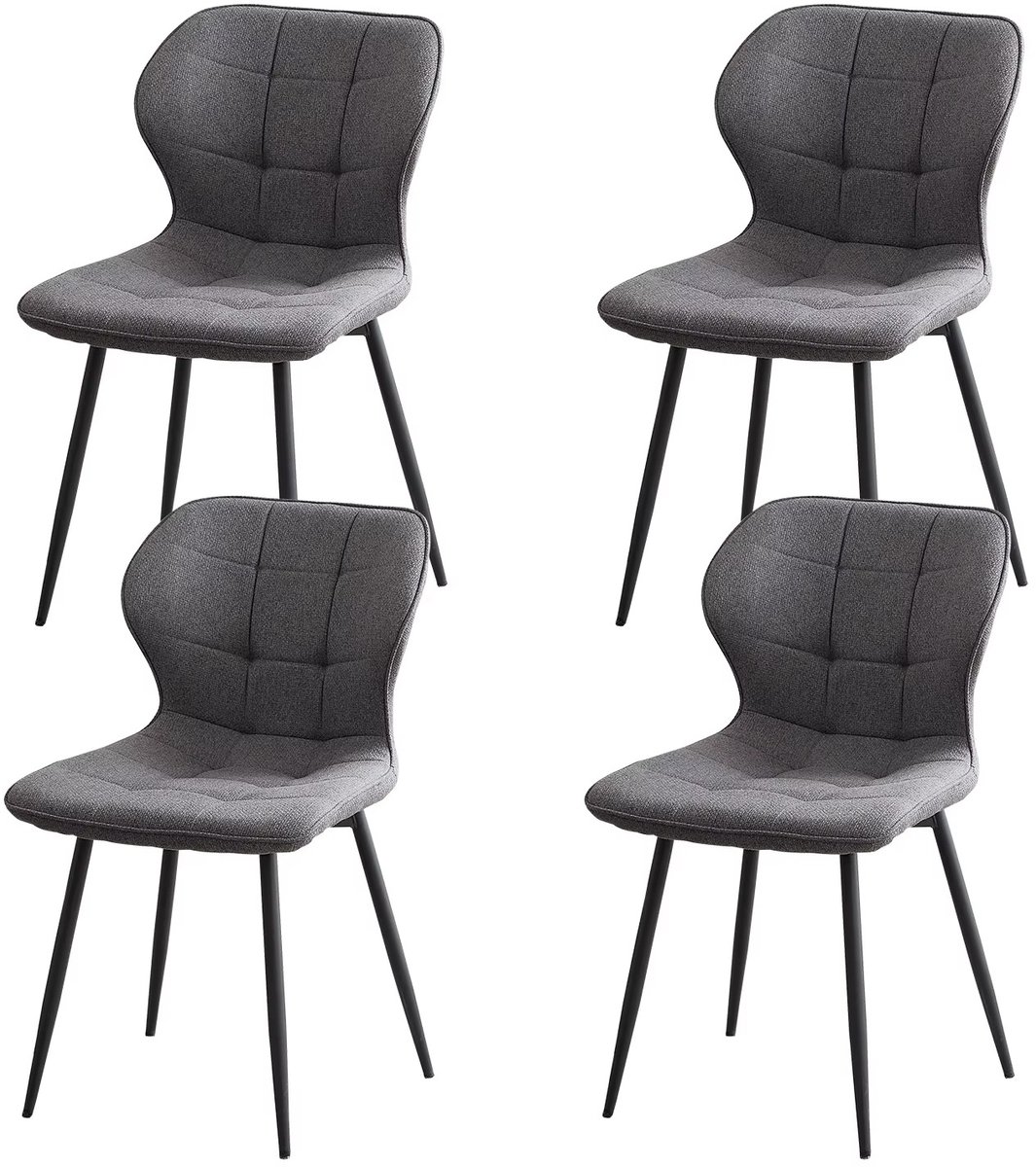 Whoopr® Set van 4 Scandinavische Eetkamerstoelen – Gestoffeerde Stoelen van Linnen Stof – Comfortabele Keukenstoelen met Metalen Poten – Voor Eetkamer & Woonkamer - Grijs