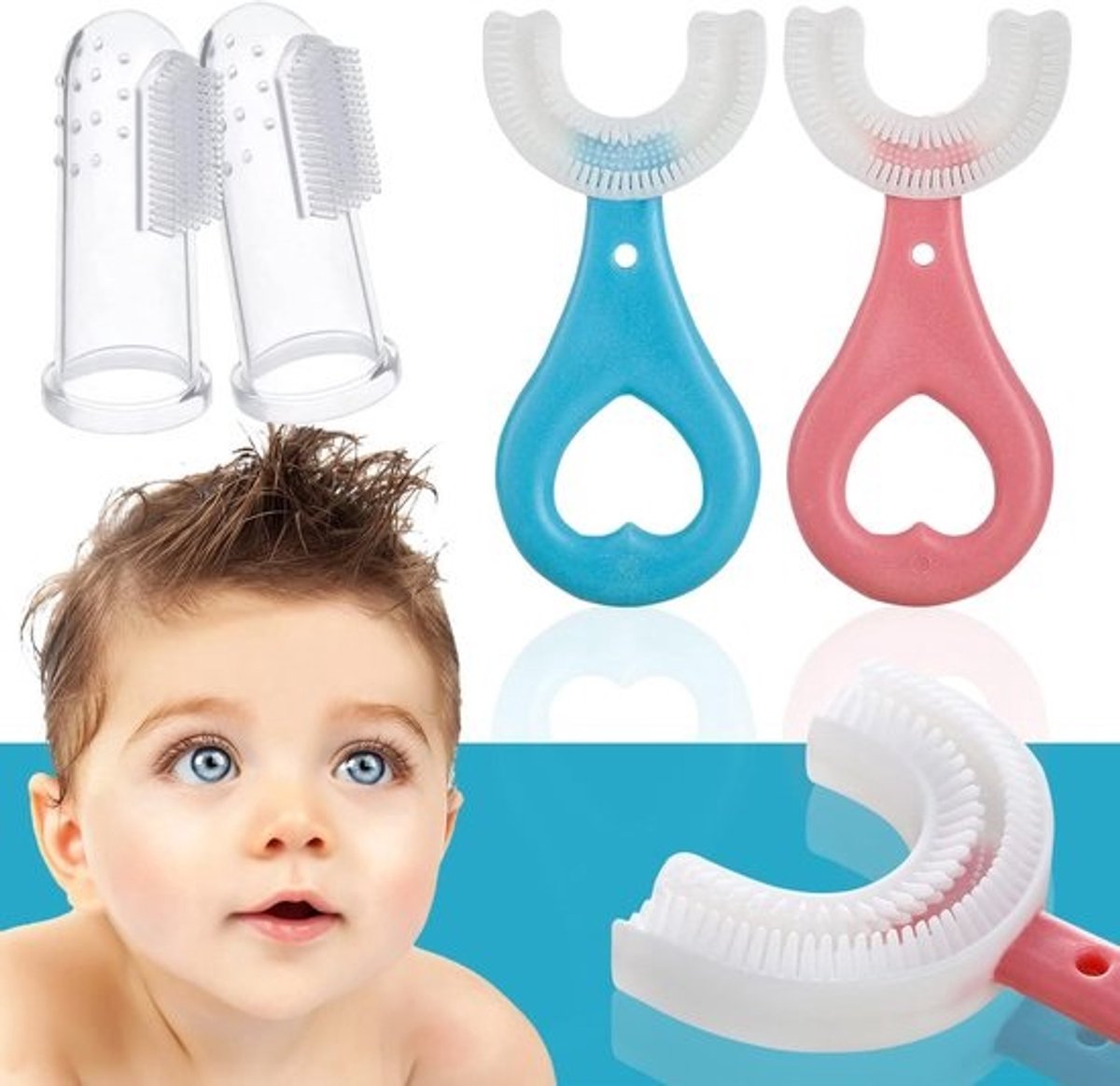 Set van 4 U-vormige Kinder Tandenborstels met Siliconen Borstelkop | 360° Reiniging & Tandvlees Massage (2-6 Jaar)