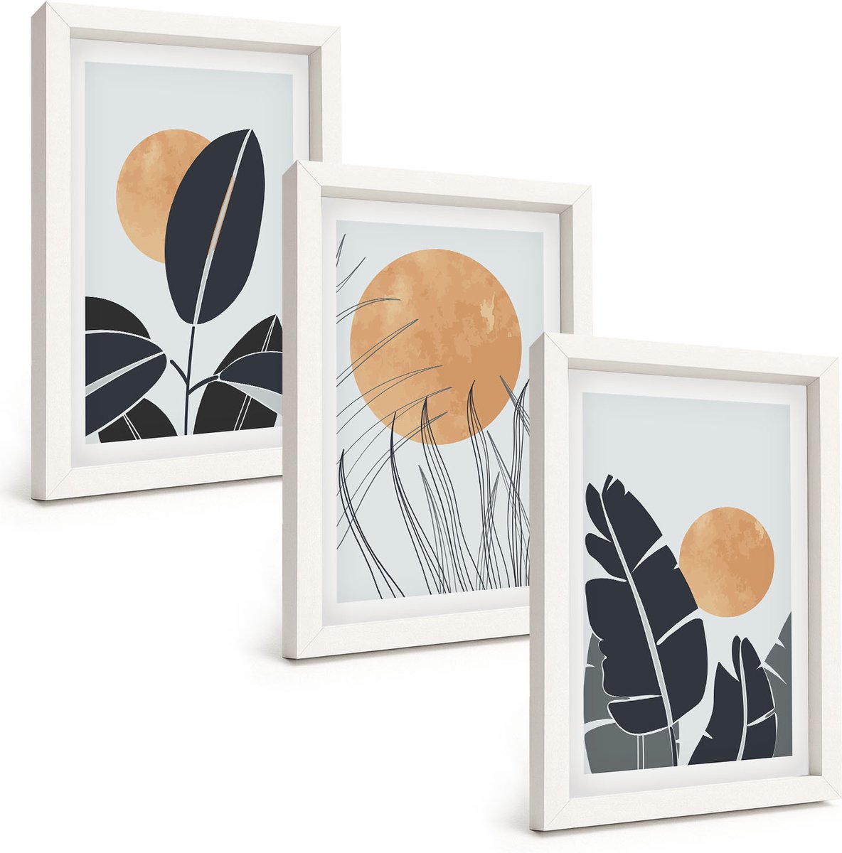 Wallfluent 3-Delige Schilderij Set - Plantenpatronen Met Grote Zonnen In Minimalistische Stijl - 20 x 30 - Muurdecoratie - Wanddecoratie - Slaapkamer - Stijlvolle Muurdecoratie