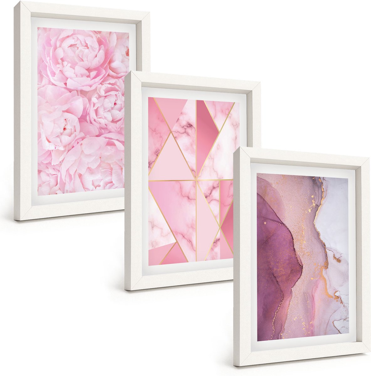 Wallfluent 3-Delige Schilderij Set - Roze Pioenrozen Met Geometrische Patronen - 20 x 30 - Decoratieve Muurdecoratie - Slaapkamer - Decoratieve Schilderijen