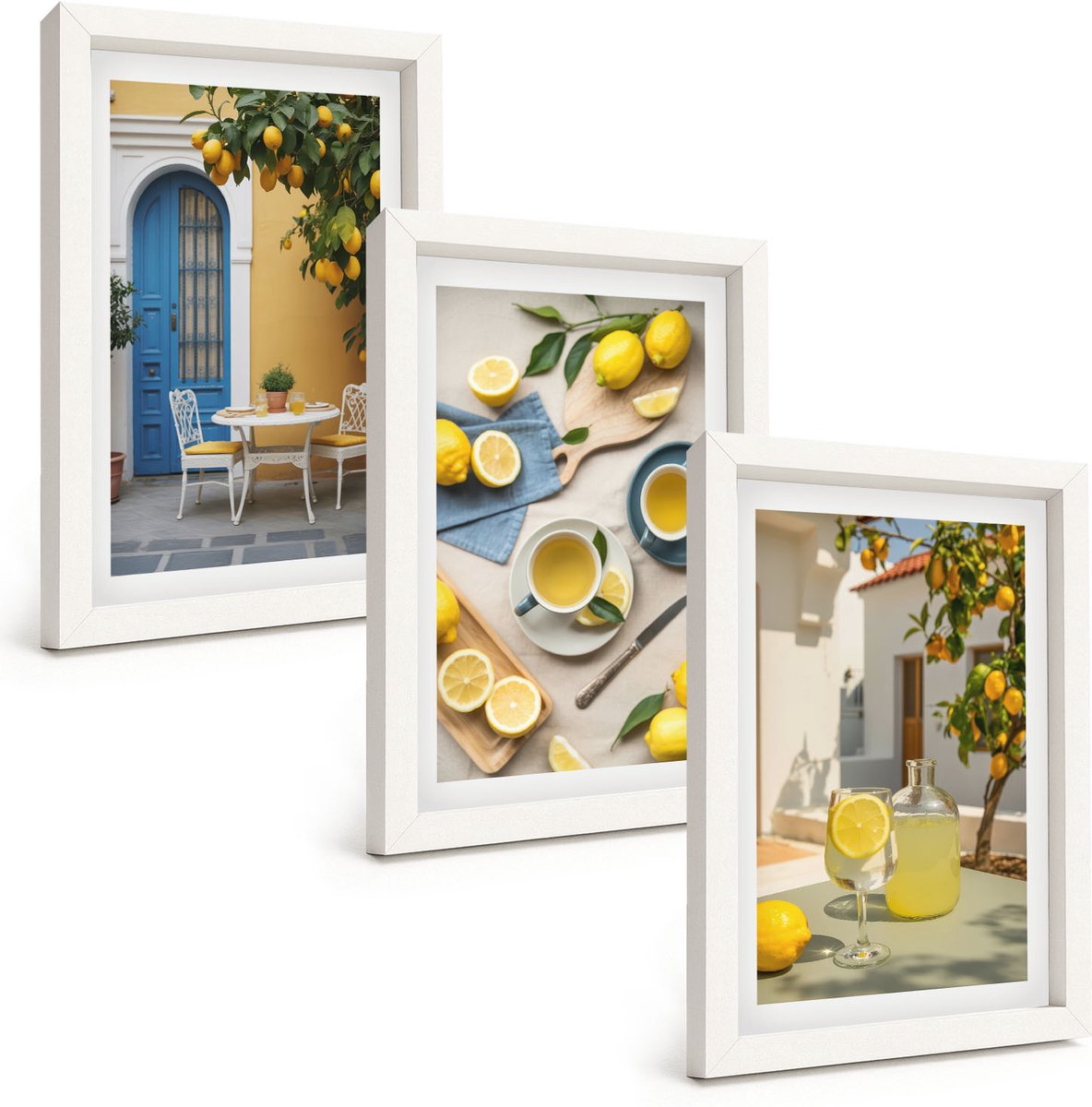 Wallfluent 3-Delige Schilderij Set - Citroenen Limonade Blauwe Deur Zomer Uitzichten - 20 x 30 - Decoratieve Schilderijen - Wanddecoratie - Hal - Muurdecoratie