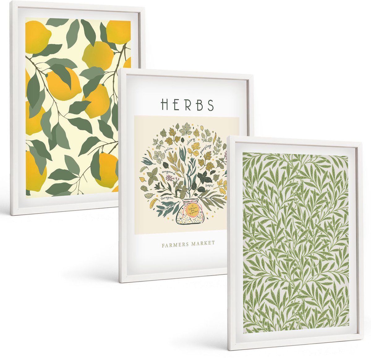Wallfluent 3-Delige Schilderij Set - Citroenmotieven Met Kruiden En Plantenbladeren - 40 x 60 - Moderne Wanddecoratie - Woonkamer - Stijlvolle Muurdecoratie