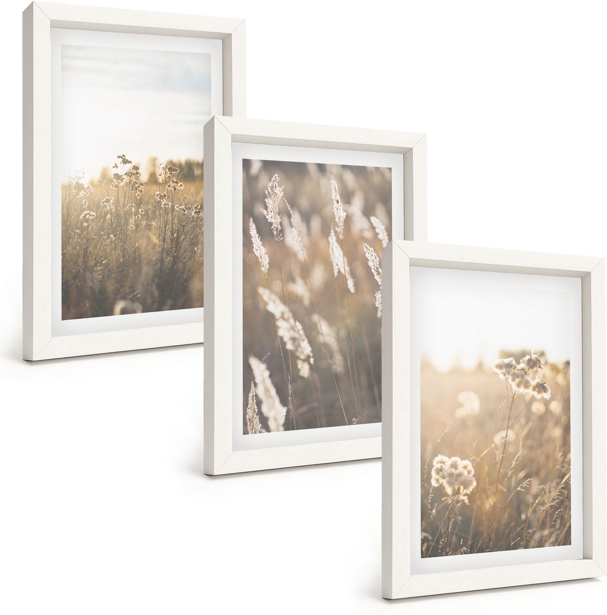 Wallfluent 3-Delige Schilderij Set - Landschap Met Grassen En Bloemen In Warme Tinten. - 20 x 30 - Decoratieve Schilderijen - Woonkamer - Interieur - Wanddecoratie